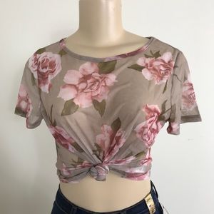 Mesh Print Tie Front Top